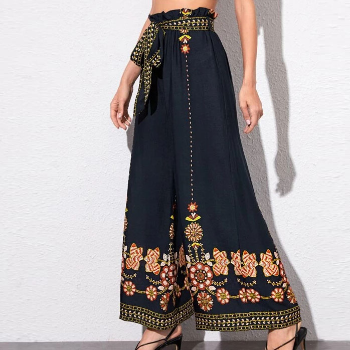 Custom wholesale embroidery wide leg pants