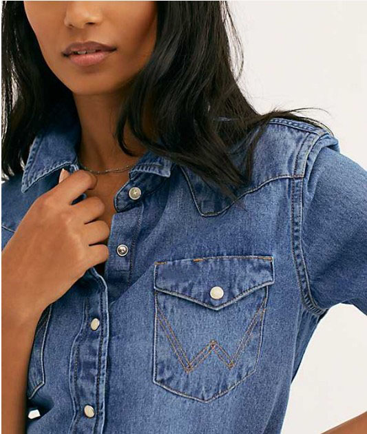 wholesale custom OEM Western-inspired snap closures down the front denim women shirt